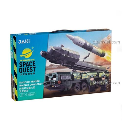 Hộp đồ chơi lắp ráp JAKI JK9105 Xe Phóng Tên Lửa Hướng Dương, thể hiện rõ số chi tiết 605 mảnh và độ tuổi 8+, lựa chọn tiết kiệm cho bé trai.