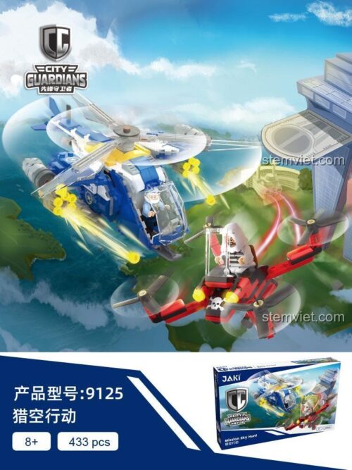 Hộp sản phẩm City Guardians JAKI JK9125 với hình ảnh trực thăng và drone