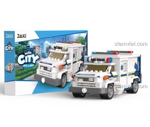 Hộp đồ chơi lắp ráp Xe Cứu Thương JAKI JK9211, bộ lắp ghép xe cứu hộ thành phố 253 mảnh, đồ chơi mô hình cho bé trai 8 tuổi.