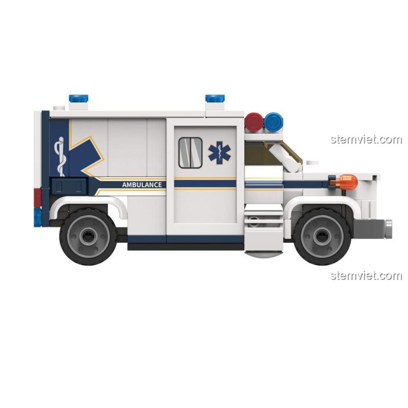 Mô hình Xe Cứu Thương JAKI JK9211 nhìn từ cạnh phải, đồ chơi mô hình xe cứu hộ thành phố, bộ lắp ghép JAKI JK9211.
