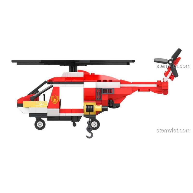 Mô hình JAKI JK9220 Trực thăng cứu hỏa, bộ lắp ghép 293 mảnh với móc kéo cứu hộ hoạt động.