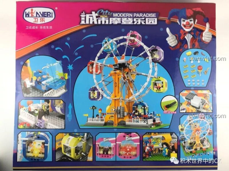 Ảnh chụp thực tế hộp đồ chơi mô hình Đu Quay Lớn JEMLOU 7036, thể hiện các chi tiết và minifigures đi kèm.