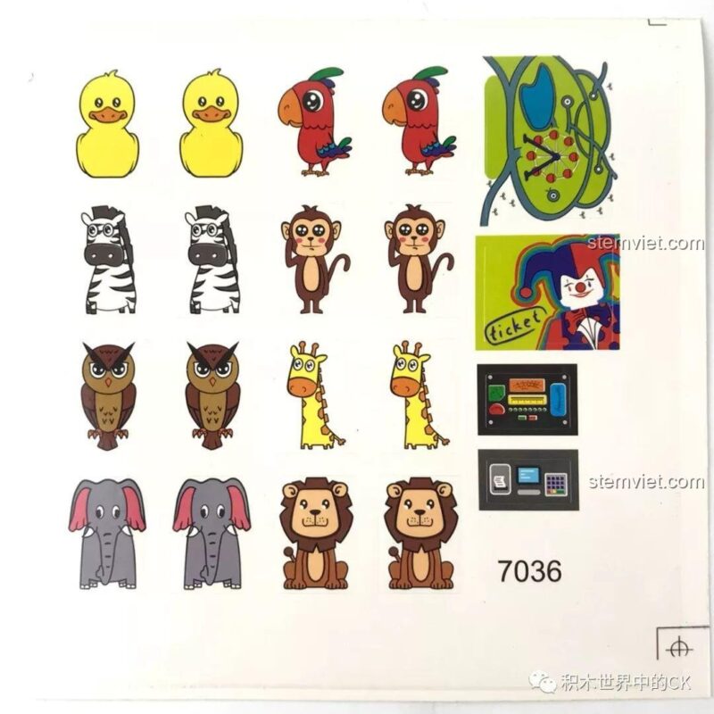 Tấm sticker đi kèm bộ đồ chơi mô hình Đu Quay Lớn JEMLOU 7036 với các hình con vật và biển hiệu ngộ nghĩnh.