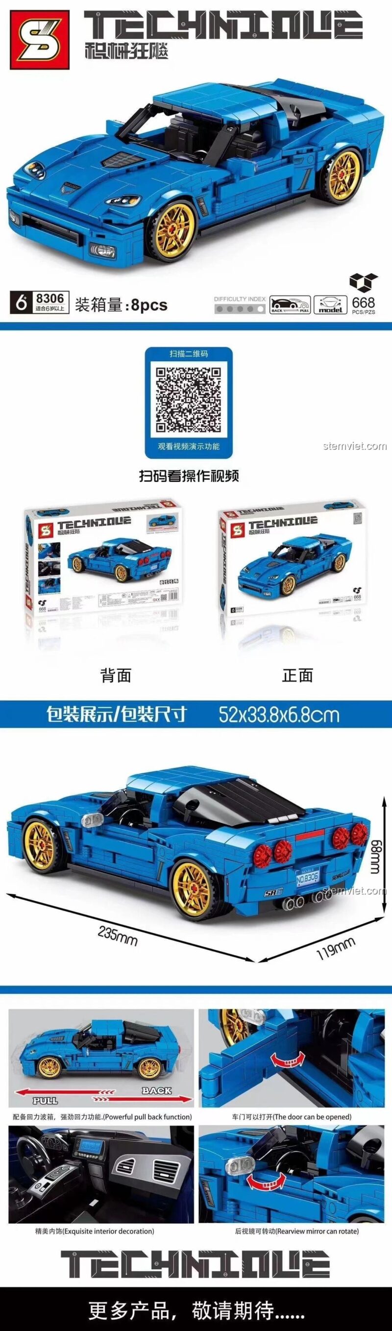 Thông số kỹ thuật bộ lắp ráp Xe Chevrolet Corvette Z06 SY 8306, mô tả tính năng động cơ kéo lùi, cửa mở được, gương xoay, 668 mảnh ghép, phù hợp bé trai 6 tuổi.
