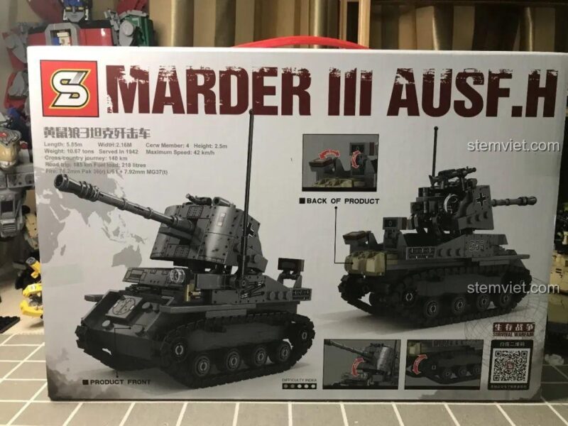 Mặt sau hộp bộ đồ chơi xây dựng JiaZhi 0107 Marder III Ausf.H, thể hiện các tính năng.