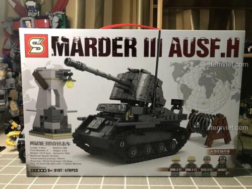 Hộp sản phẩm bộ lắp ghép JiaZhi 0107 Xe tăng diệt tăng Marder III Ausf.H, có 479 mảnh.