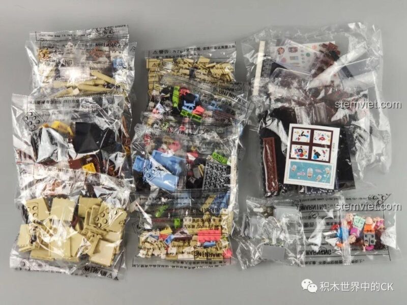 Đồ chơi mô hình Tiệm trà sữa JIAZHI SY 5209 với các túi mảnh ghép và minifigure, chất lượng cao, an toàn cho bé 6 tuổi.