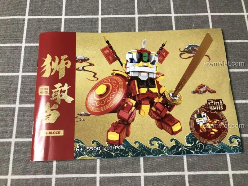Các túi mảnh ghép của bộ xếp hình Robot Múa Lân 5500, đồ chơi mô hình Mech Múa Lân 203 chi tiết, chất lượng cao.