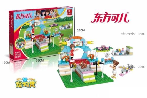 Hộp đồ chơi lắp ráp JIESTAR 20373 Sân khấu biểu diễn thú cưng với kích thước 38x26x6 cm, thể hiện rõ số mảnh 231 và độ tuổi 6+, chất lượng cao.