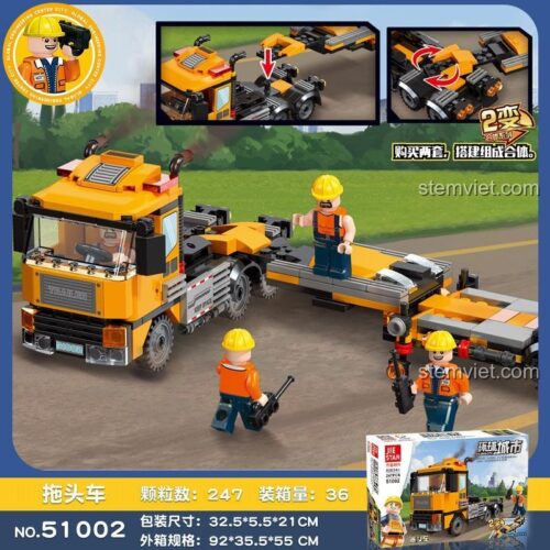 Hộp đồ chơi mô hình JIESTAR 51002 Xe Tải Đầu Kéo 247 mảnh ghép, thể hiện khả năng lắp 2 kiểu và kích thước hộp, cho bé trai 6 tuổi