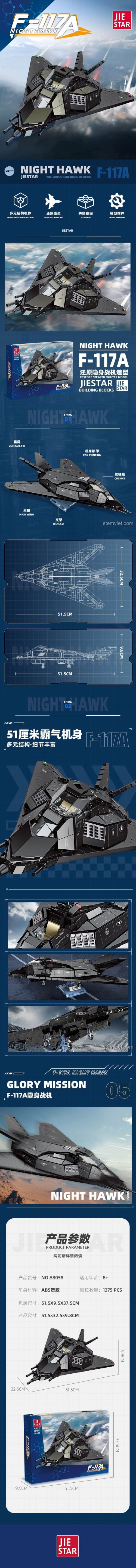 Poster quảng cáo bộ lắp ráp JIESTAR 58058, giới thiệu các tính năng và kích thước của mô hình Máy bay tàng hình F-117A Nighthawk.