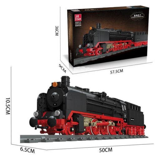 JIESTAR 59004 Đầu Máy Hơi Nước BR01, bộ lắp ghép tàu hỏa hơi nước cổ điển 1173 chi tiết, mô hình xe lửa hơi nước BR01 chất lượng cao, giá tốt cho bé trai 6 tuổi, thể hiện kích thước hộp và mô hình.