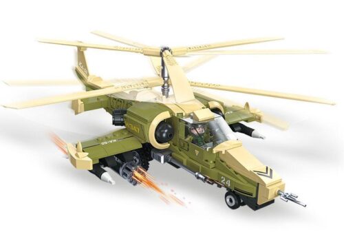 Đồ chơi lắp ráp JIESTAR 61027 Trực thăng vũ trang Ka-50 màu xanh quân sự, có minifigure phi công, cánh quạt xoay và hiệu ứng bắn đạn, phù hợp bé trai 6 tuổi, giá tốt.