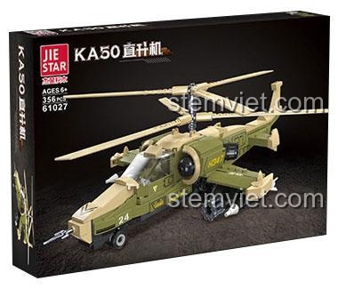 Hộp bộ lắp ghép JIESTAR 61027 Trực thăng tấn công Ka-50, hiển thị số mảnh 357 và độ tuổi 6+, món quà đáng tiền cho bé trai.