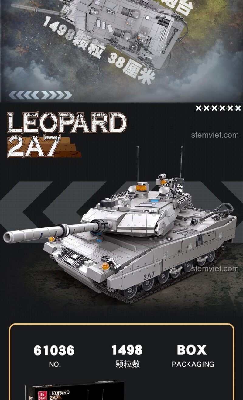 Mô hình 61036 Leopard 2A7 với các thông số chính: 1498 chi tiết, thân xe 38cm, đóng gói hộp, cho bé trai 6 tuổi yêu thích quân sự.