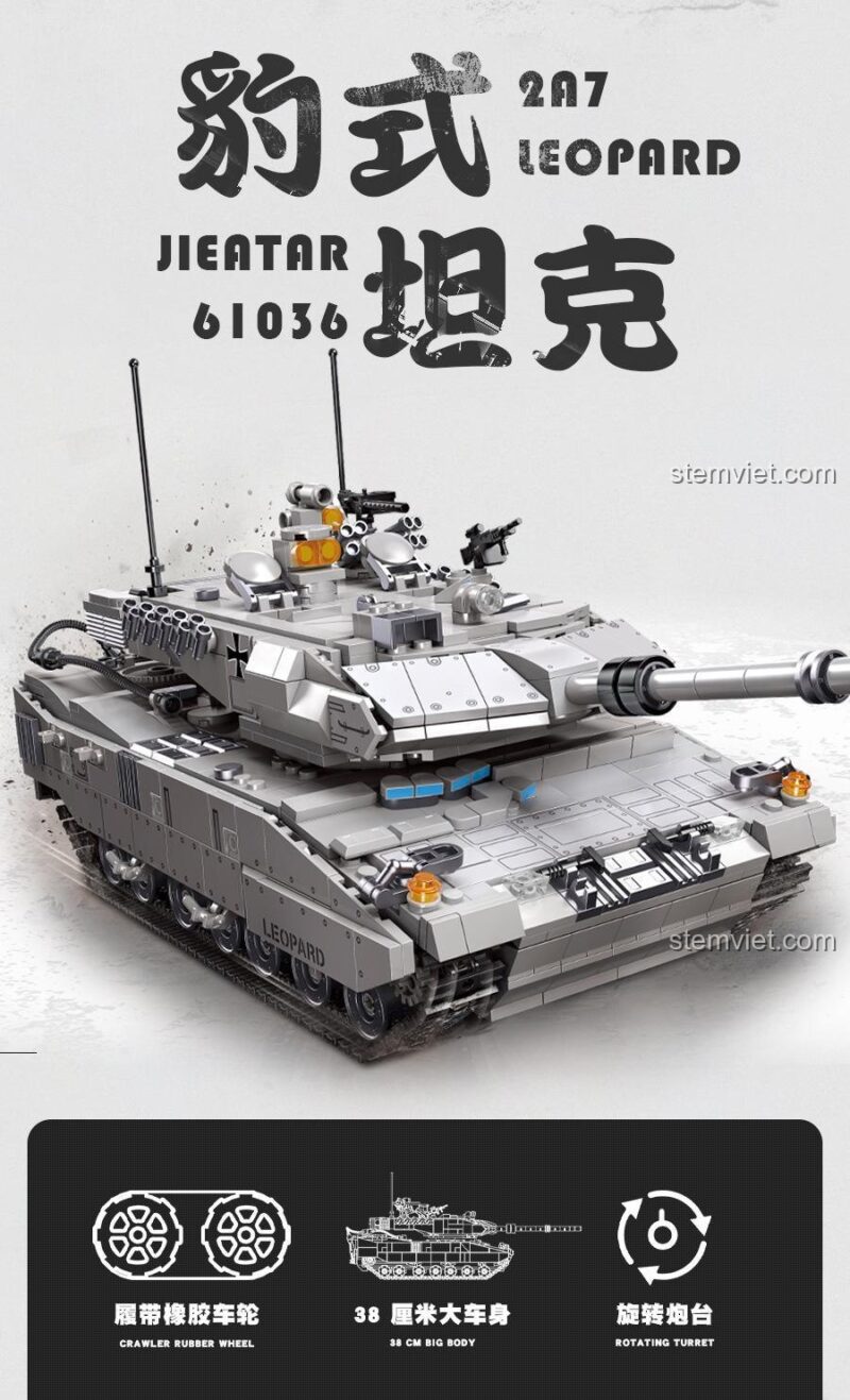 Mô hình xe tăng Leopard 2A7 JIESTAR 61036 với các tính năng nổi bật như bánh xích cao su, thân xe lớn 38cm và tháp pháo xoay, phù hợp bé trai 6 tuổi.