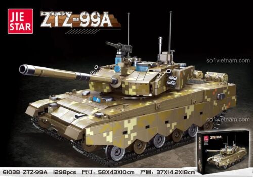 Hộp bộ xếp hình JIESTAR 61038 Xe Tăng Chủ Lực ZTZ-99A, 1298 chi tiết, kích thước hộp và mô hình, đồ chơi quân sự cho bé trai 8 tuổi