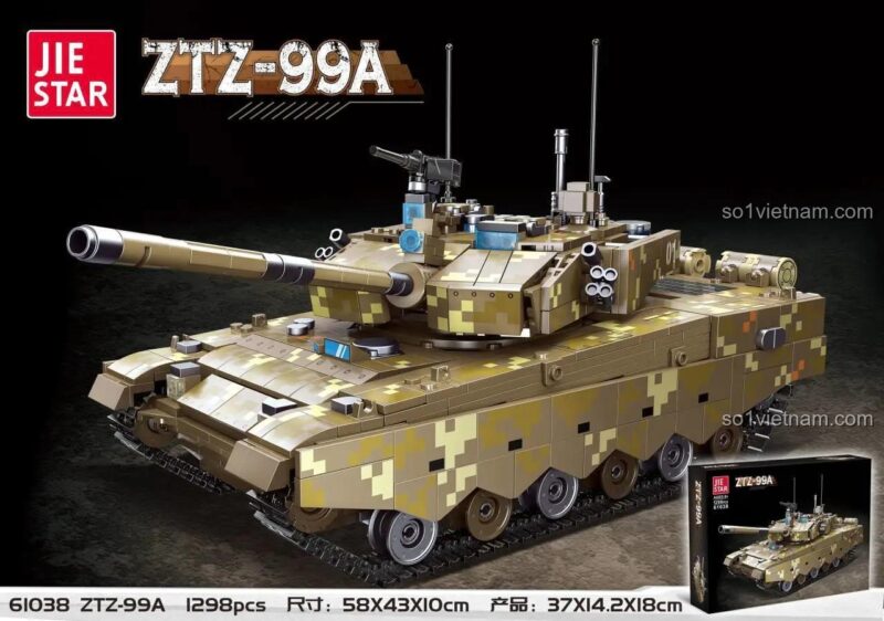 Hộp bộ xếp hình JIESTAR 61038 Xe Tăng Chủ Lực ZTZ-99A, 1298 chi tiết, kích thước hộp và mô hình, đồ chơi quân sự cho bé trai 8 tuổi