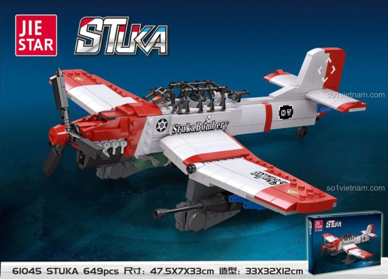 Hộp đồ chơi lắp ráp JIESTAR 61045 Máy bay ném bom Stuka, hiển thị kích thước mô hình và số chi tiết, giá rẻ