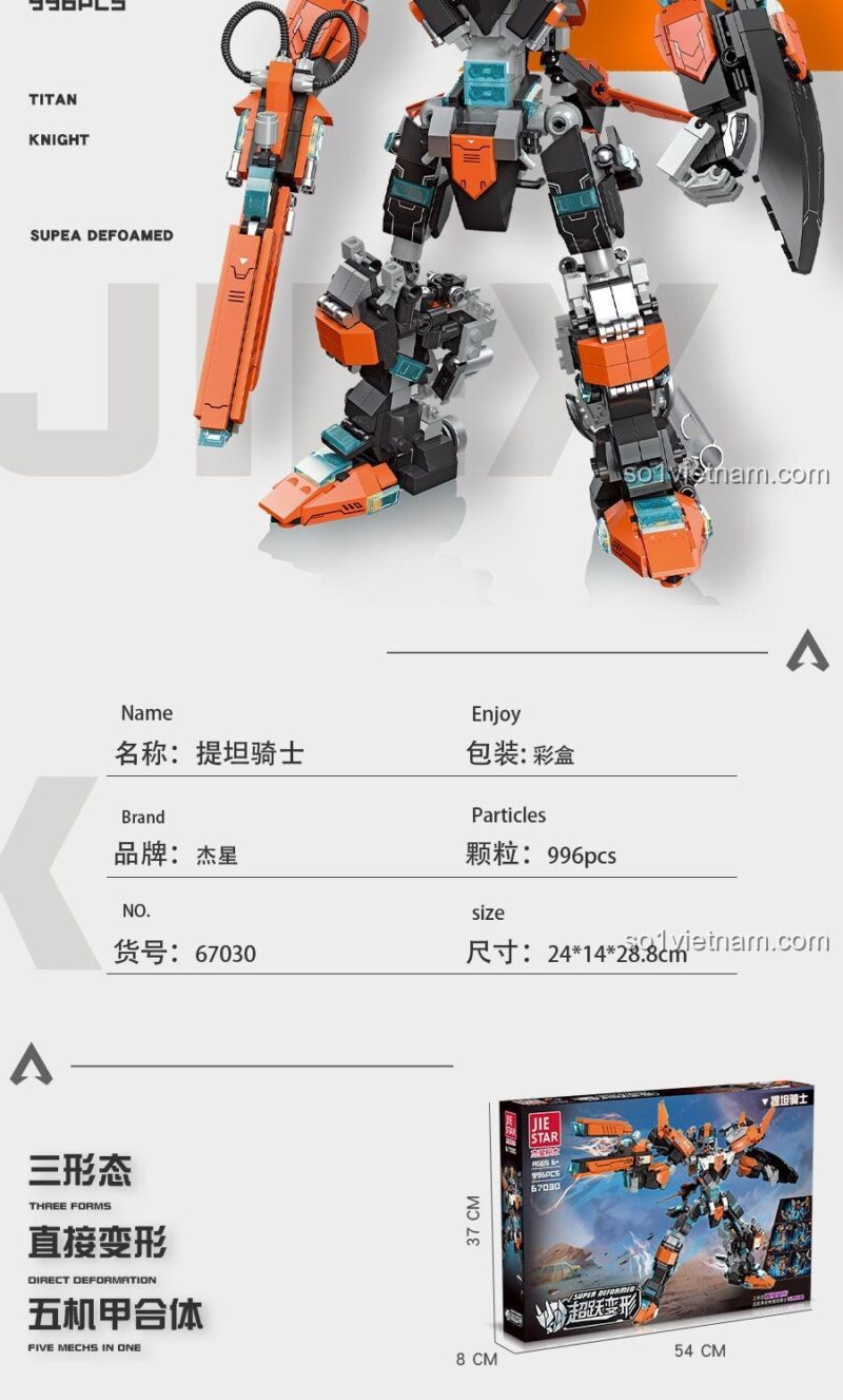 Kích thước mô hình JIESTAR 67030 Kỵ Sĩ Titan, đồ chơi lắp ráp Robot biến hình Titan 996 chi tiết, phù hợp bé trai