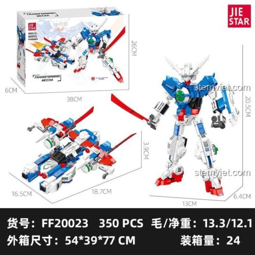 Kích thước chi tiết của đồ chơi mô hình JIESTAR FF20023 Robot Gundam Exia và dạng phi thuyền, bộ xếp hình cho con trai.