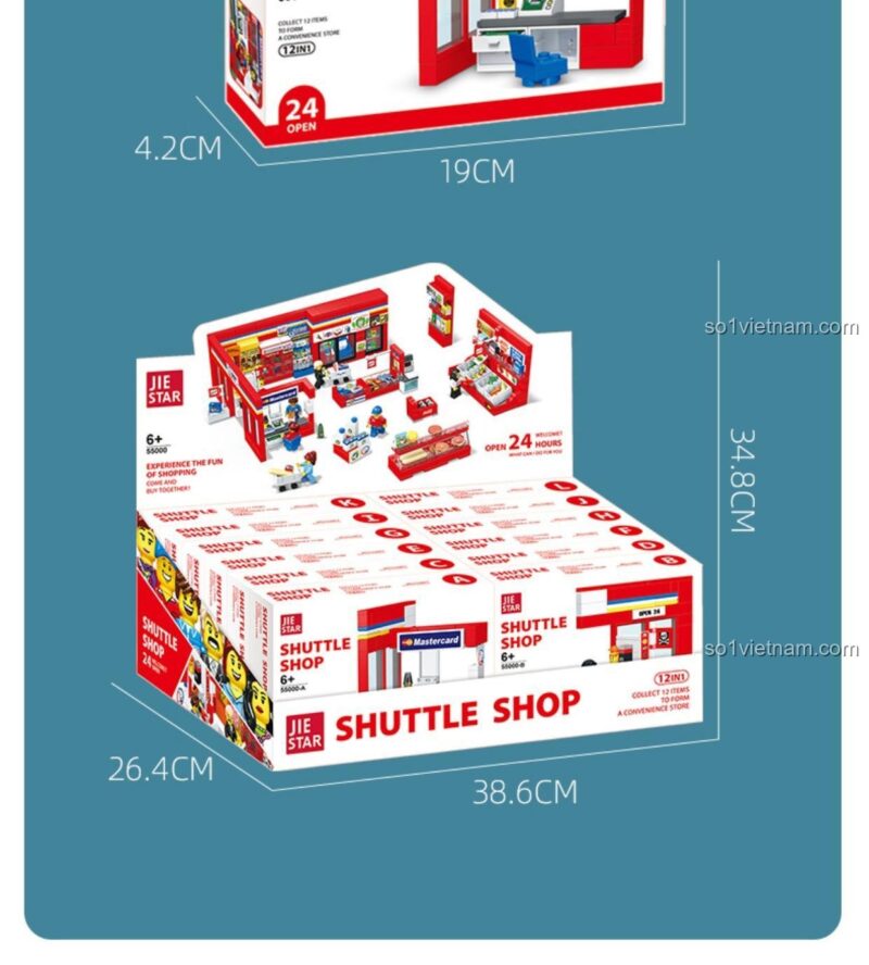 Kích thước hộp sản phẩm của bộ đồ chơi Cửa hàng tiện lợi 24h JIESTAR 55000