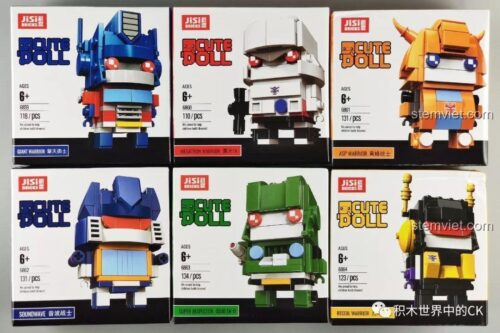 Mặt trước 6 hộp đồ chơi lắp ráp JISI Cute Doll Transformers, trong đó có Robot Shockwave 6868. Đồ chơi mô hình JISI chất lượng cao cho bé trai.