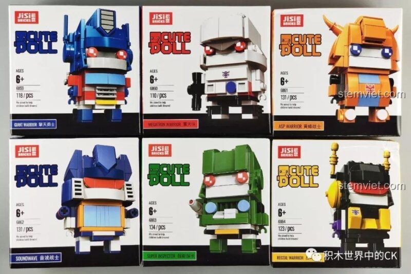 Mặt trước 6 hộp đồ chơi lắp ráp JISI Cute Doll Transformers, trong đó có Robot Shockwave 6868. Đồ chơi mô hình JISI chất lượng cao cho bé trai.