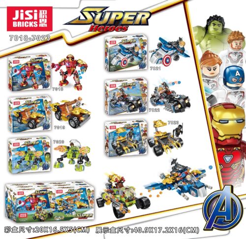 Bộ đồ chơi Biệt Đội Siêu Anh Hùng Avengers 4 JiSi 7018-7023 với 6 mô hình mech và phương tiện chiến đấu, phù hợp cho con trai 6 tuổi, giá tốt.