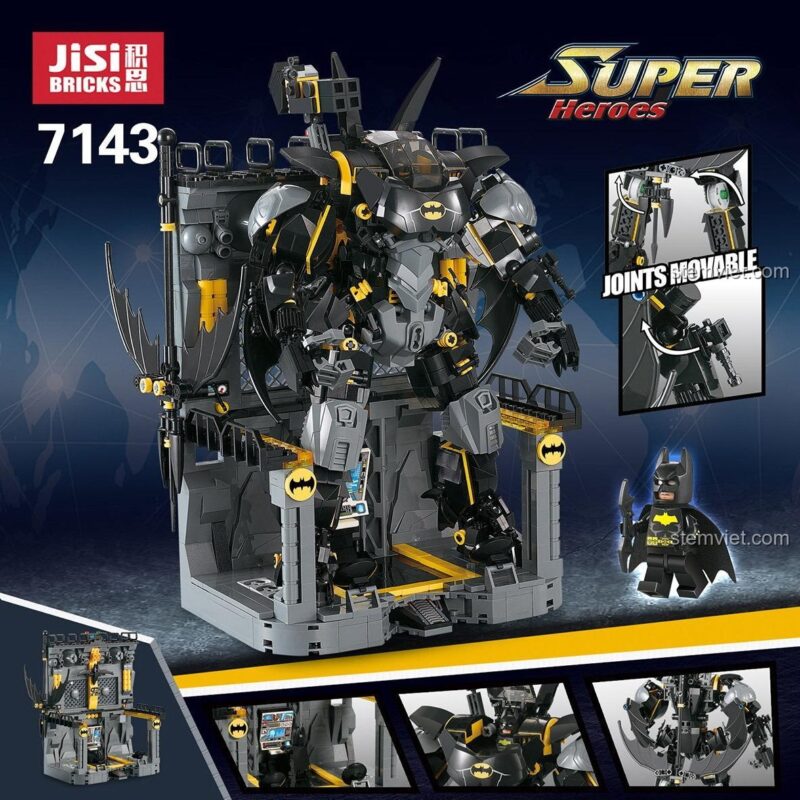 Chiến Giáp Người Dơi JiSi 7143 kèm căn cứ và minifigure Người Dơi, đồ chơi lắp ráp với khớp nối linh hoạt, mang lại trải nghiệm sáng tạo.
