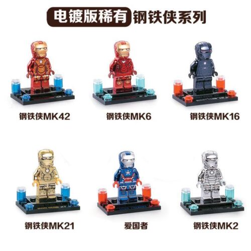 Bộ đồ chơi Minifigure Iron Man JiSi 800D phiên bản mạ crom sáng bóng, gồm 6 mẫu giáp khác nhau như MK42, Iron Patriot. Món quà tuyệt vời cho bé trai 6 tuổi yêu thích siêu anh hùng Marvel.