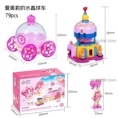 Kích thước chi tiết của đồ chơi mô hình Cỗ xe pha lê của Emily Kalos Blocks 30020 và minifigure công chúa đi kèm.