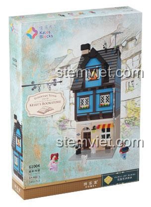 Vỏ hộp của bộ xếp hình 61004 Tiệm sách Kelly từ Kalos Blocks, hiển thị mô hình hoàn chỉnh và 3 minifigures, món quà giá tốt cho bé.