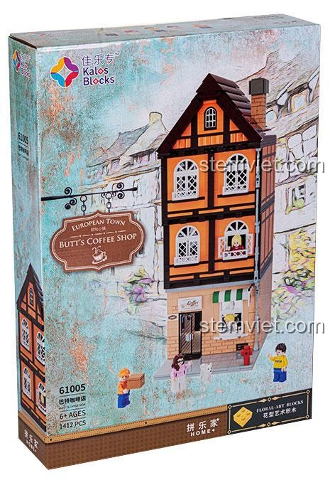 Mô hình bên trong của bộ lắp ghép Quán Cà Phê của Butt Kalos Blocks 61005, thể hiện nội thất chi tiết 3 tầng, phù hợp cho bé gái 6 tuổi.