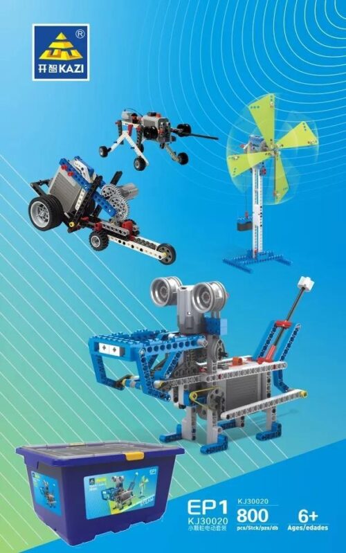 Bộ lắp ghép KAZI KJ30020 Kit học STEM EP1 800 mảnh, đồ chơi giáo dục cho bé trai 6 tuổi, giá rẻ. Ảnh chụp các mô hình robot, xe, cối xay gió.