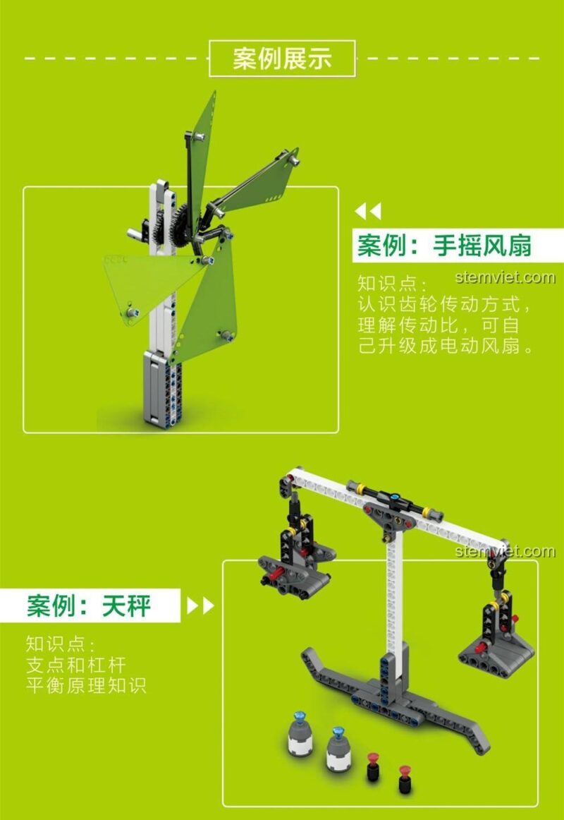 Bộ thí nghiệm khoa học KAZI KJ30093 lắp mô hình quạt và cân thăng bằng để học về truyền động và đòn bẩy.