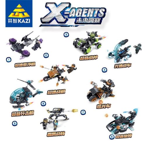 Toàn bộ 8 mẫu đồ chơi xếp hình KAZI KY6601 X-Agents, bao gồm Trực thăng chiến đấu siêu thanh, quà tặng cho con trai 6 tuổi giá rẻ.