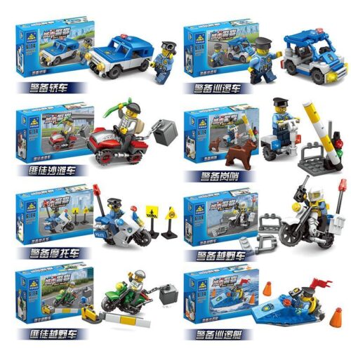 Bộ đồ chơi cảnh sát thành phố KAZI KY67253-7 với 8 mô hình xe cộ và minifigure cảnh sát, phù hợp cho bé trai 6 tuổi, giá tốt, giúp phát triển tư duy logic.