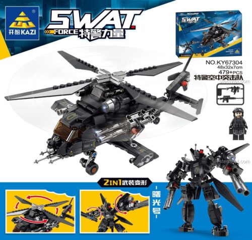 Hộp sản phẩm KAZI KY67304 đồ chơi lắp ráp Robot chiến đấu SWAT và trực thăng, thể hiện tính năng biến hình 2 trong 1, phù hợp bé trai 8 tuổi, chất lượng cao.