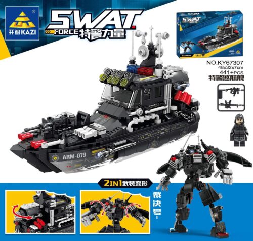 Bộ lắp ráp KAZI KY67307 Tàu Tuần Tra Đặc Nhiệm SWAT Judgement biến hình thành Robot chiến đấu, đồ chơi cho bé trai 6 tuổi.