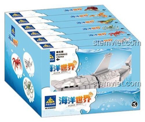 Ảnh chụp hộp lớn của bộ đồ chơi KAZI KY80045, chứa 6 hộp nhỏ bên trong để lắp ráp các loài động vật đại dương.