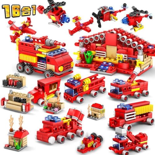 Tổng hợp 16 mô hình mini của bộ lắp ghép Bộ Chỉ Huy Cứu Hỏa KAZI KY80511, đồ chơi xếp hình sáng tạo cho bé trai 6 tuổi.