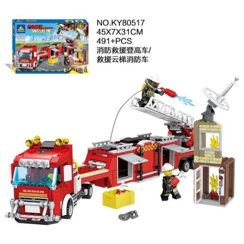 Bộ đồ chơi KAZI KY80517 Xe Cứu Hỏa Đa Năng, hộp sản phẩm màu đỏ nổi bật, phù hợp cho bé trai 6-12 tuổi, giá tốt.