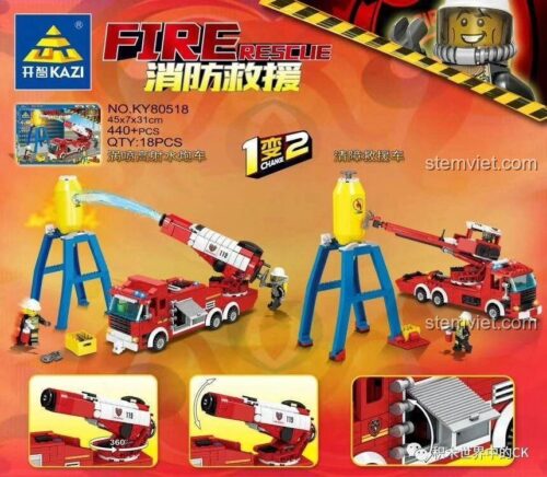 Hộp bộ xếp hình Xe cứu hỏa biến hình KAZI KY80518, đồ chơi lắp ráp 80518 cho bé trai 6 tuổi, giá rẻ.