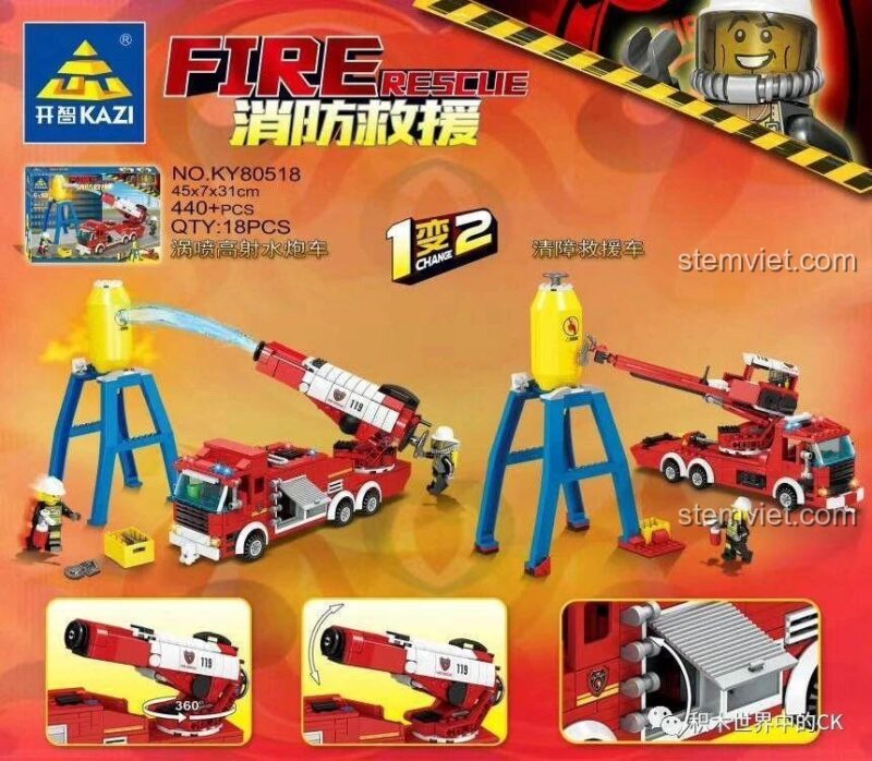Hộp bộ xếp hình Xe cứu hỏa biến hình KAZI KY80518, đồ chơi lắp ráp 80518 cho bé trai 6 tuổi, giá rẻ.
