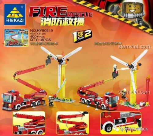 Hộp bộ lắp ráp KAZI KY80519 xe cứu hỏa cứu nạn, hiển thị số chi tiết 400 mảnh, kích thước hộp 45x7x31cm, đồ chơi cho bé trai 6 tuổi.