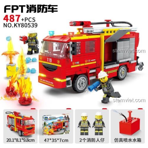 Hộp sản phẩm KAZI KY80539 Xe Cứu Hỏa FPT hiển thị kích thước mô hình 20.1x8.1x9.8cm và hộp 47x35x7cm, kèm 2 minifigure lính cứu hỏa và bồn nước phun được, đồ chơi lắp ráp chất lượng cao.
