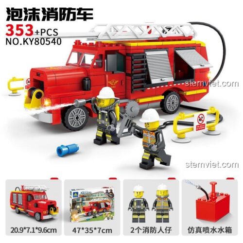 Đồ chơi lắp ráp Xe chữa cháy KAZI KY80540 có 2 minifigure lính cứu hỏa, mô phỏng phun bọt/nước, cho bé trai 6 tuổi