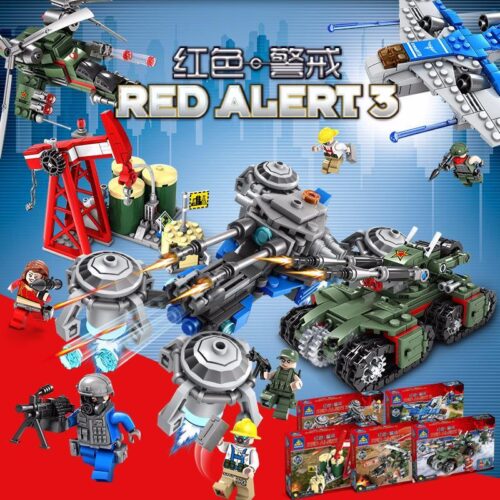 Bộ lắp ráp KAZI KY 81019-5 Red Alert 3 với xe tăng Apocalypse, trực thăng Twinblade, tàu chiến Vanguard, xe Peacemaker và giàn khoan dầu, đồ chơi lắp ghép quân sự cho con trai 14 tuổi, giá tốt.