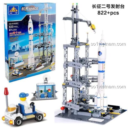 Hộp bộ đồ chơi KAZI KY83001 Tên lửa Trường Chinh 2F, đồ chơi lắp ráp Trạm phóng tên lửa, 822 mảnh ghép, chất lượng cao cho bé trai 6 tuổi